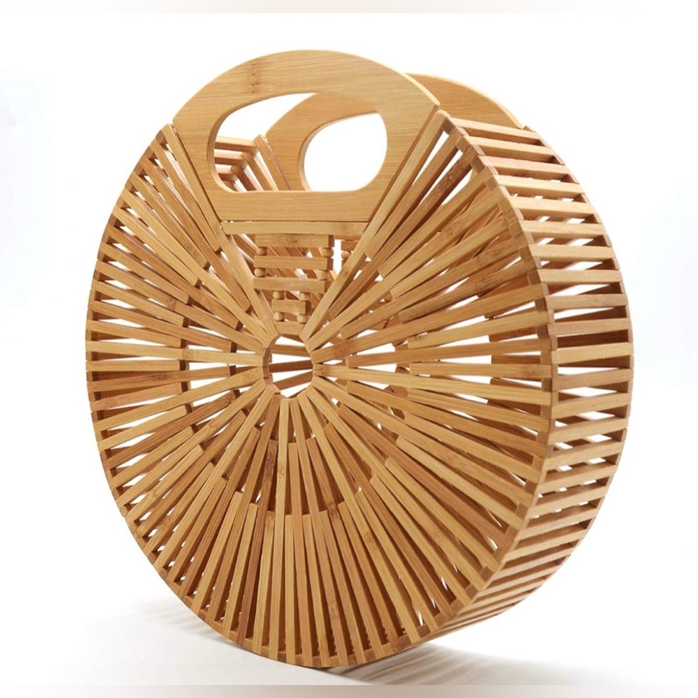 Bamboo Top Handle Round Straw Bag - MIUCO